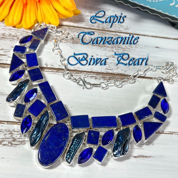 Lapis Lazuli Necklace Biwa Pearl Tanzanite Large Handmade 925 Silver Boho Ethnic - Picture 1 of 14